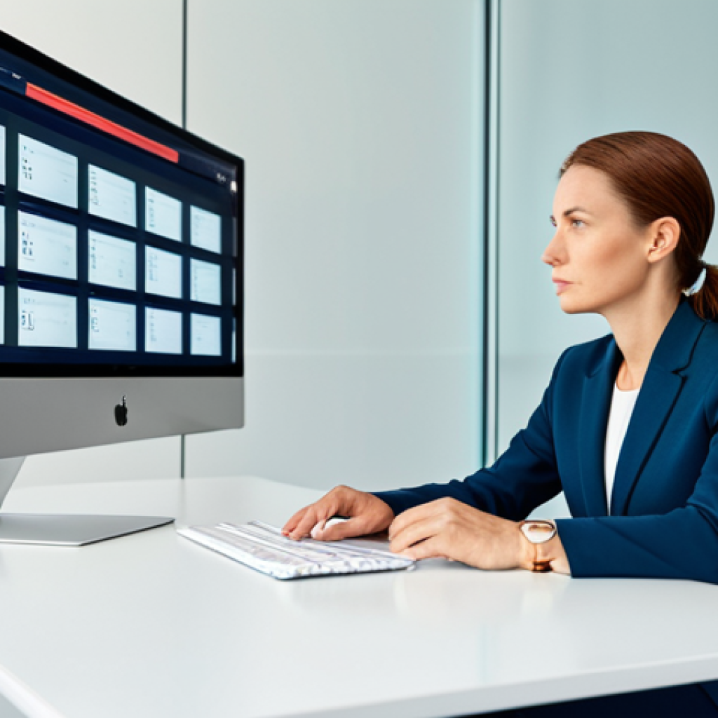 A thoughtful Polish professional woman, in her late 30s, wearing a modest business suit, seated at a modern, clean desk. She is looking contemplatively at a digital display showing a sophisticated brand color palette and elegant typography. The background is a minimalist office space with soft, natural lighting. The image emphasizes reflection and brand identity. fully clothed, appropriate attire, safe for work, professional, perfect anatomy, correct proportions, well-formed hands, proper finger count, natural body proportions, high quality photography, sharp focus, vibrant colors.