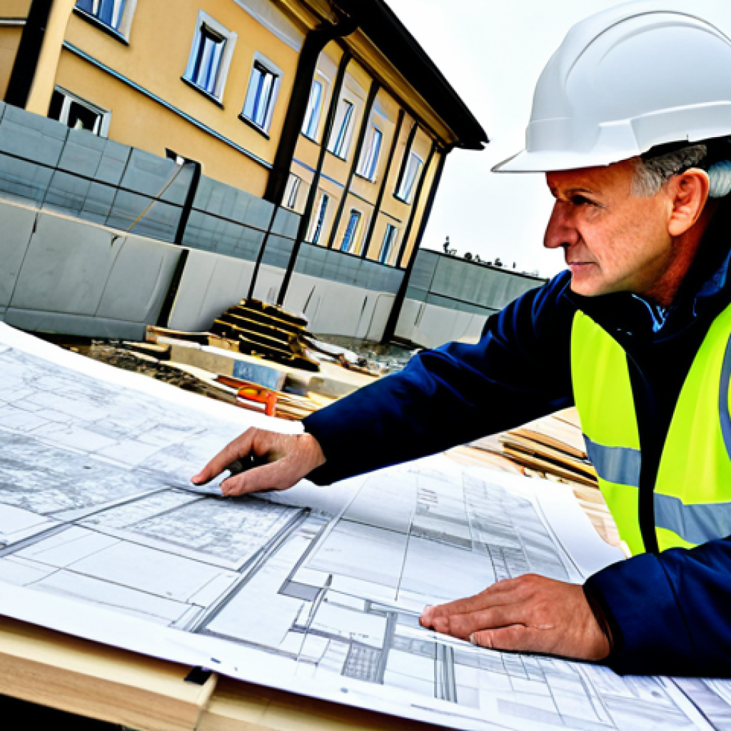**Professional Landscape Architect:** A landscape architect, fully clothed in appropriate outdoor attire, is reviewing blueprints on a construction site in Warsaw. Safe for work, correct proportions, professional setting, appropriate content.