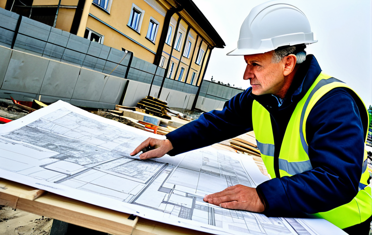 **Professional Landscape Architect:** A landscape architect, fully clothed in appropriate outdoor attire, is reviewing blueprints on a construction site in Warsaw. Safe for work, correct proportions, professional setting, appropriate content.