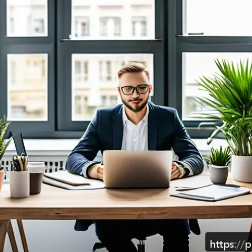 Home 31 솔로프레너 네트워크의 성공 사례 분석 - A confident Polish solopreneur working at a modern home office desk with a laptop and smartphone, su...