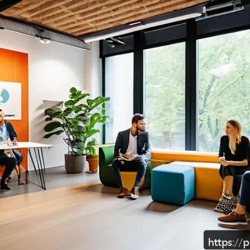 Home 17 솔로프레너를 위한 네트워킹 이벤트 추천 - A vibrant networking event in a modern coworking space in Warsaw, Poland, filled with diverse solopr...